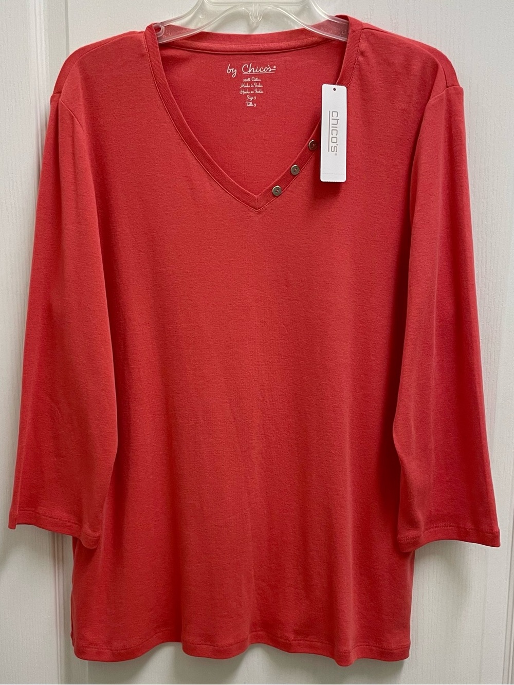 Chico's Women's V-Neck Button Detail Top - Coral Sz 3 NWT